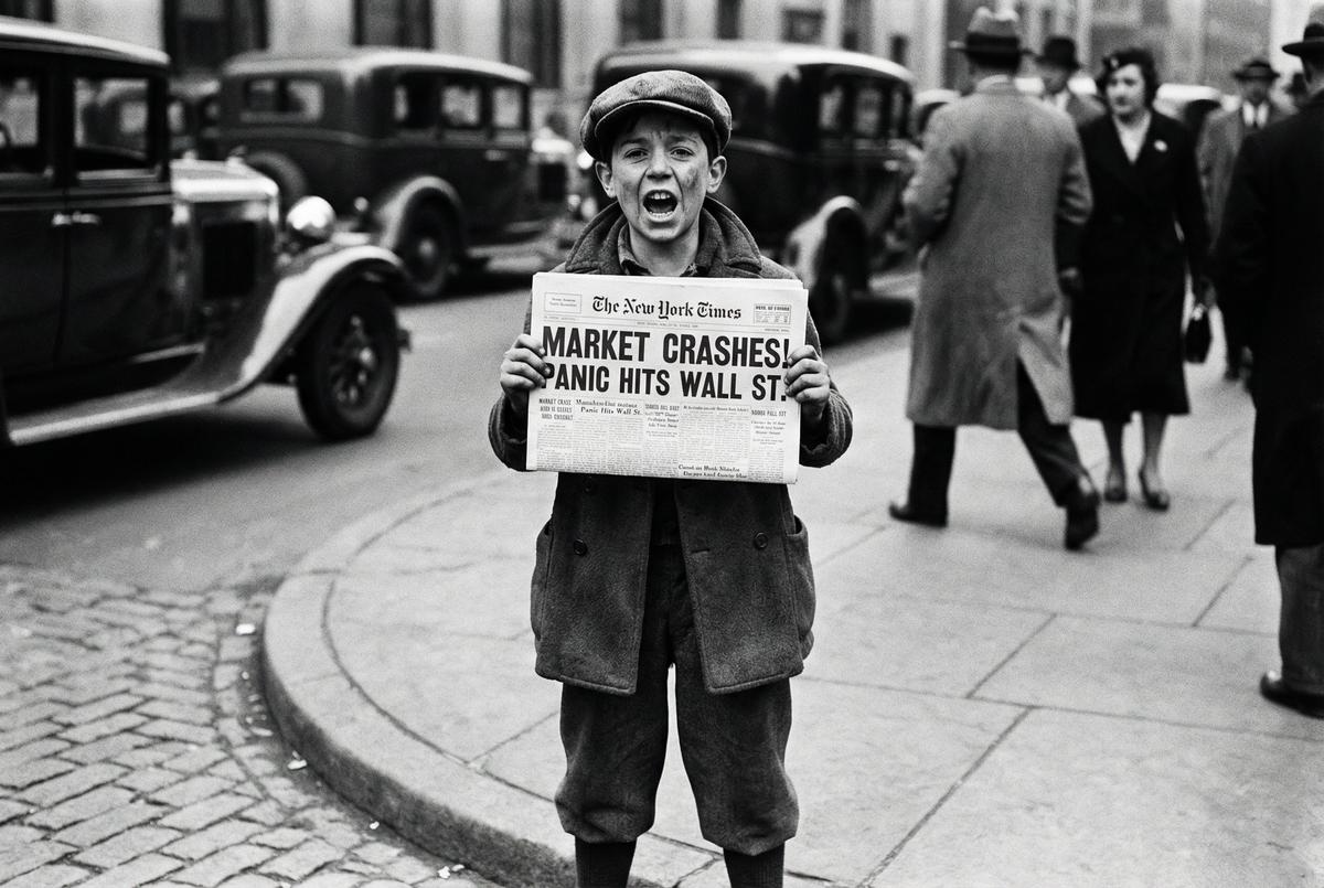 A newsboy shouting headlines in the 1920s.