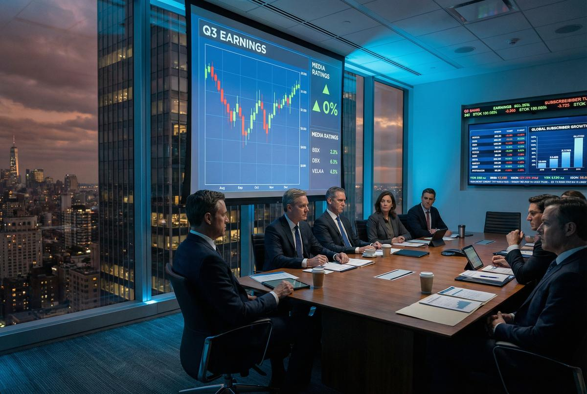 Executives in a boardroom, Q3 earnings on screen.