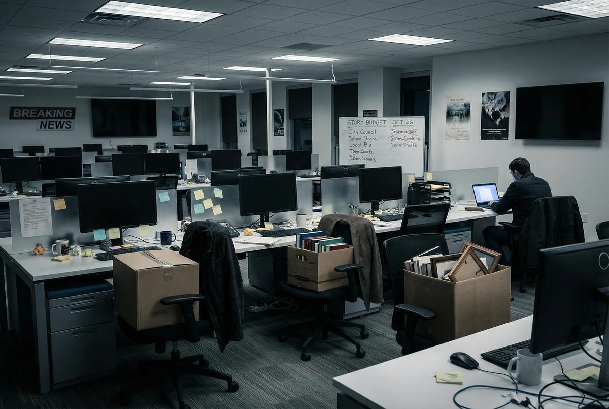 A nearly empty modern newsroom.