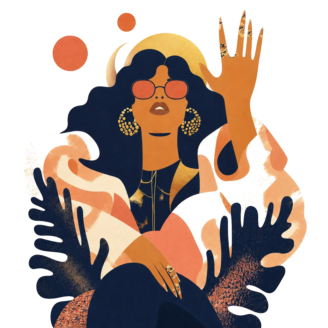 An illustrated woman in sunglasses with one hand raised