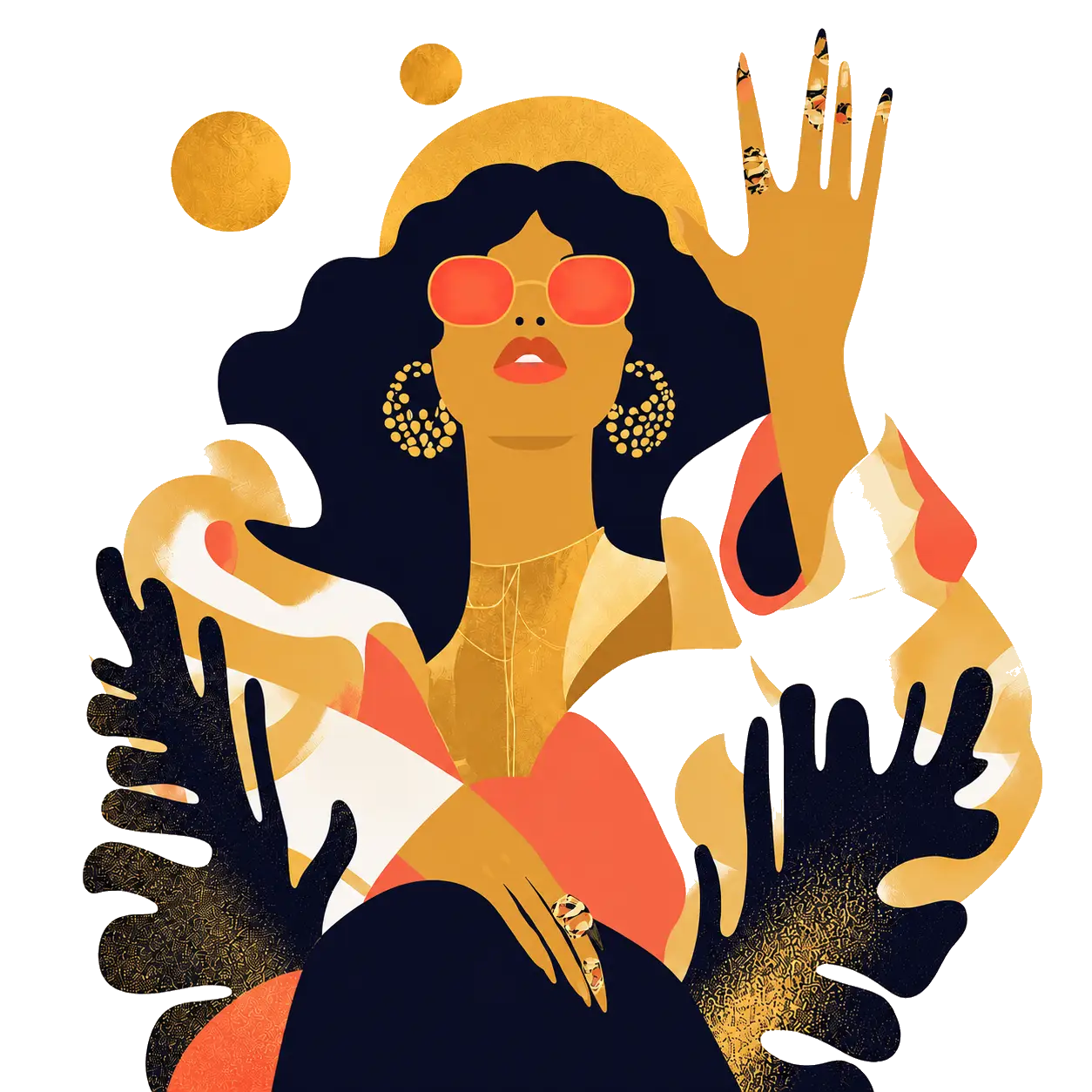 An illustrated woman in sunglasses with one hand raised