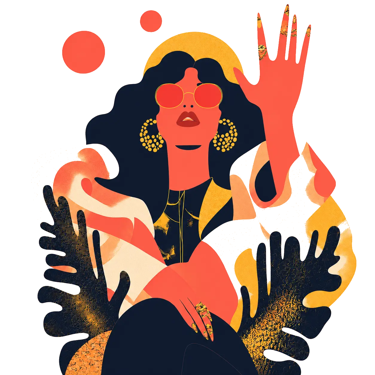 An illustrated woman in sunglasses with one hand raised